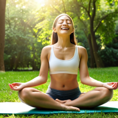 Home 14 **
A serene individual practicing mindful meditation in a lush green park, sunlight filtering through the leaves. Yoga mat visible, eyes closed, peaceful expression. In the background, a diverse group of people are laughing and connecting. Soft, warm color palette. The image evokes feelings of inner peace, self-discovery, and strong relationships.
**