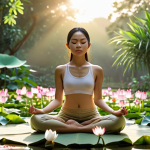 **

A young Vietnamese woman meditating in a peaceful garden at sunrise. She's surrounded by lush greenery and blooming lotus flowers. Her face reflects serenity and inner peace. Soft, warm sunlight bathes the scene, emphasizing her positive energy and focus on self-care. The style is realistic with a touch of dreamlike quality.

**