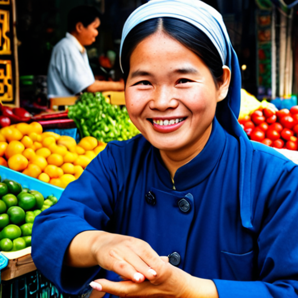 **
A professional photograph of a woman working at a bustling outdoor market in Hanoi, Vietnam. She is fully clothed in modest, comfortable clothing appropriate for the weather. She has a warm and confident smile. The background features colorful displays of local produce and handcrafted goods. Safe for work, appropriate content, family-friendly, perfect anatomy, natural proportions, well-formed hands, proper finger count.
**