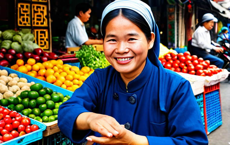 **
A professional photograph of a woman working at a bustling outdoor market in Hanoi, Vietnam. She is fully clothed in modest, comfortable clothing appropriate for the weather. She has a warm and confident smile. The background features colorful displays of local produce and handcrafted goods. Safe for work, appropriate content, family-friendly, perfect anatomy, natural proportions, well-formed hands, proper finger count.
**