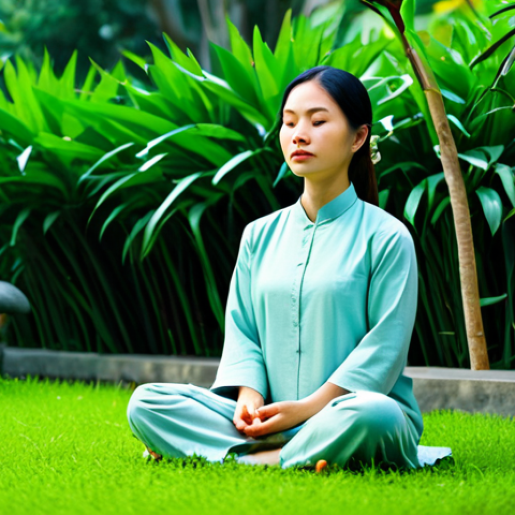 **A serene Vietnamese woman meditating in a lush green garden, wearing comfortable and modest clothing, appropriate attire, safe for work, perfect anatomy, natural proportions, peaceful and contemplative, family-friendly, high quality.** *(Focuses on finding peace and reflection)*