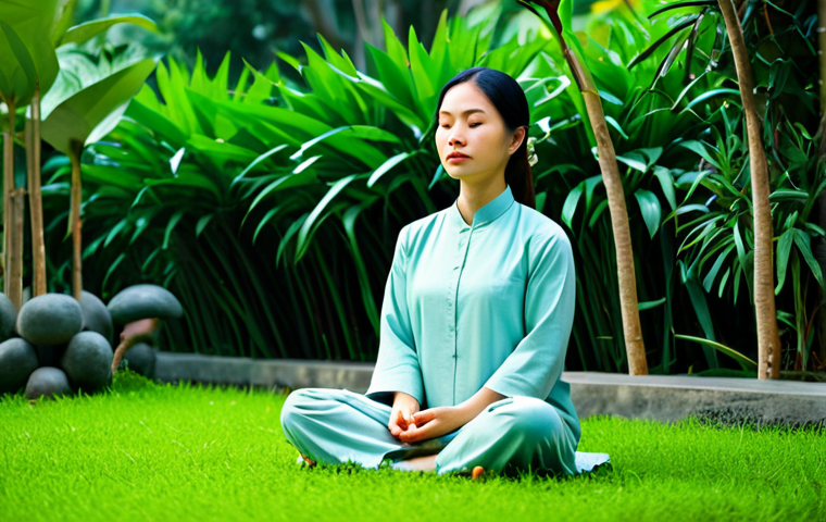 **A serene Vietnamese woman meditating in a lush green garden, wearing comfortable and modest clothing, appropriate attire, safe for work, perfect anatomy, natural proportions, peaceful and contemplative, family-friendly, high quality.** *(Focuses on finding peace and reflection)*