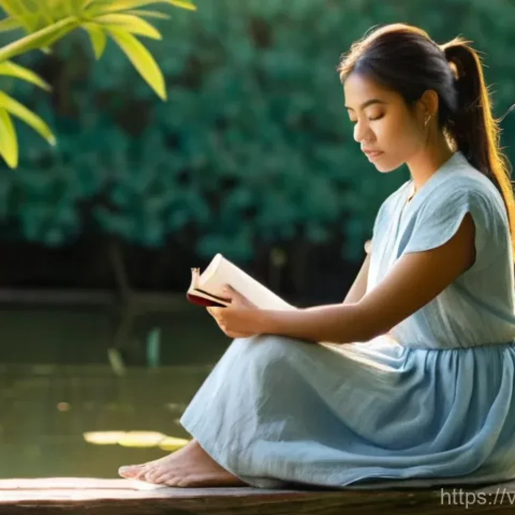 자기 발견을 위한 심리적 기법 - **Prompt:** A young woman, approximately 20-25 years old, sits peacefully on a smooth, weathered woo...