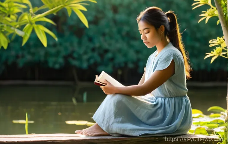 자기 발견을 위한 심리적 기법 - **Prompt:** A young woman, approximately 20-25 years old, sits peacefully on a smooth, weathered woo...