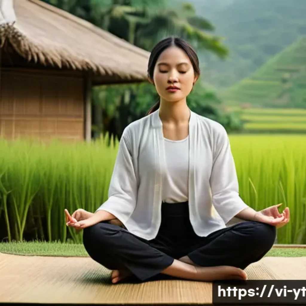 역경 극복을 위한 실용적인 조언 - A serene Vietnamese woman practicing meditation in a peaceful outdoor setting, surrounded by lush gr...
