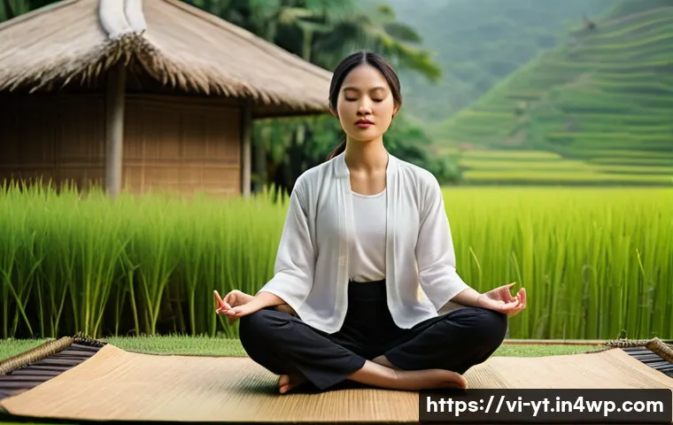 역경 극복을 위한 실용적인 조언 - A serene Vietnamese woman practicing meditation in a peaceful outdoor setting, surrounded by lush gr...