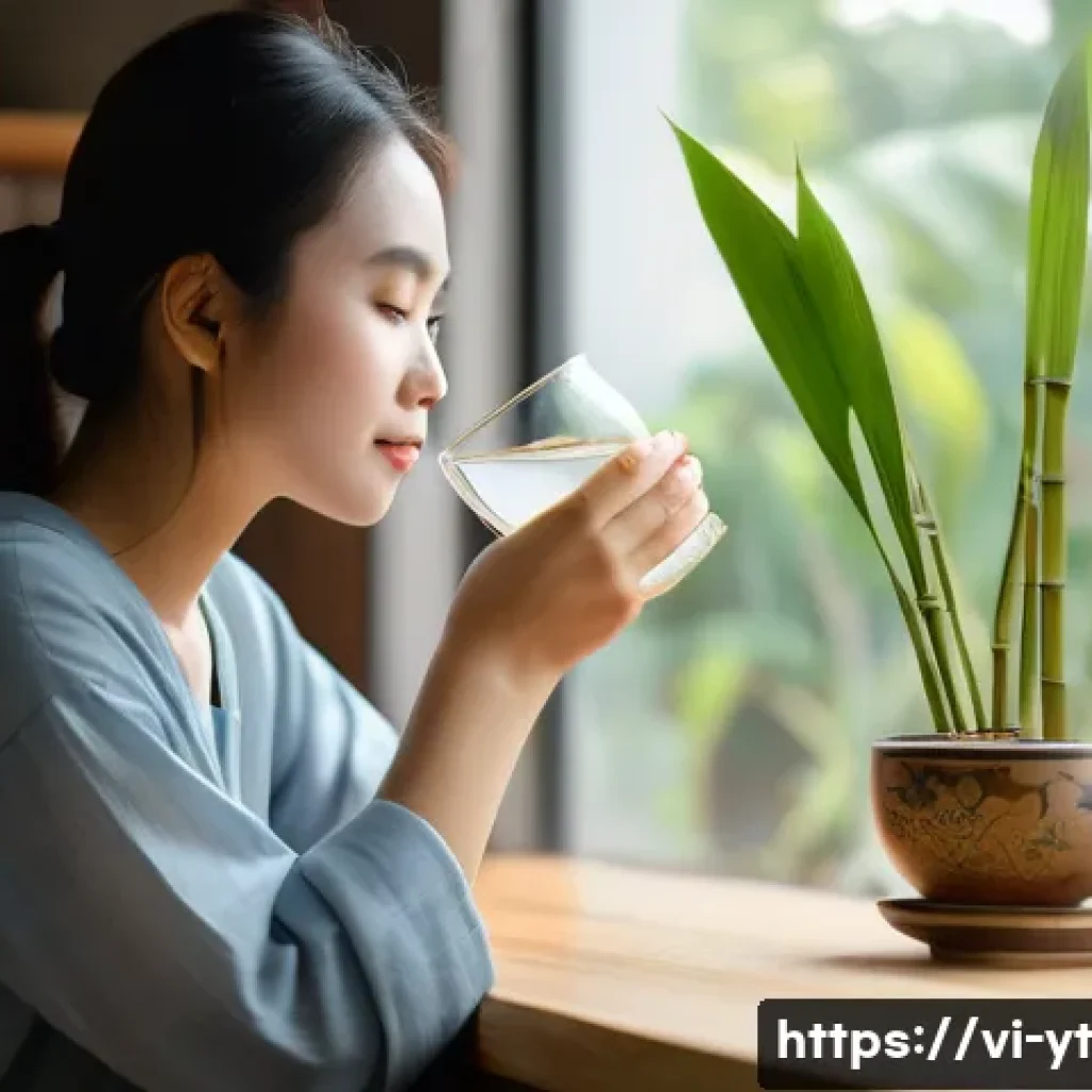 역경 후 성장을 위한 일상 속 변화를 만들기 - A serene morning scene in a cozy Vietnamese home kitchen, a young adult woman in modest casual cloth...