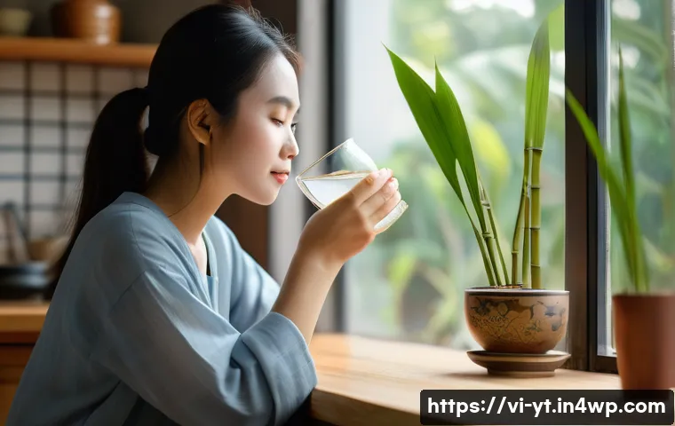 역경 후 성장을 위한 일상 속 변화를 만들기 - A serene morning scene in a cozy Vietnamese home kitchen, a young adult woman in modest casual cloth...