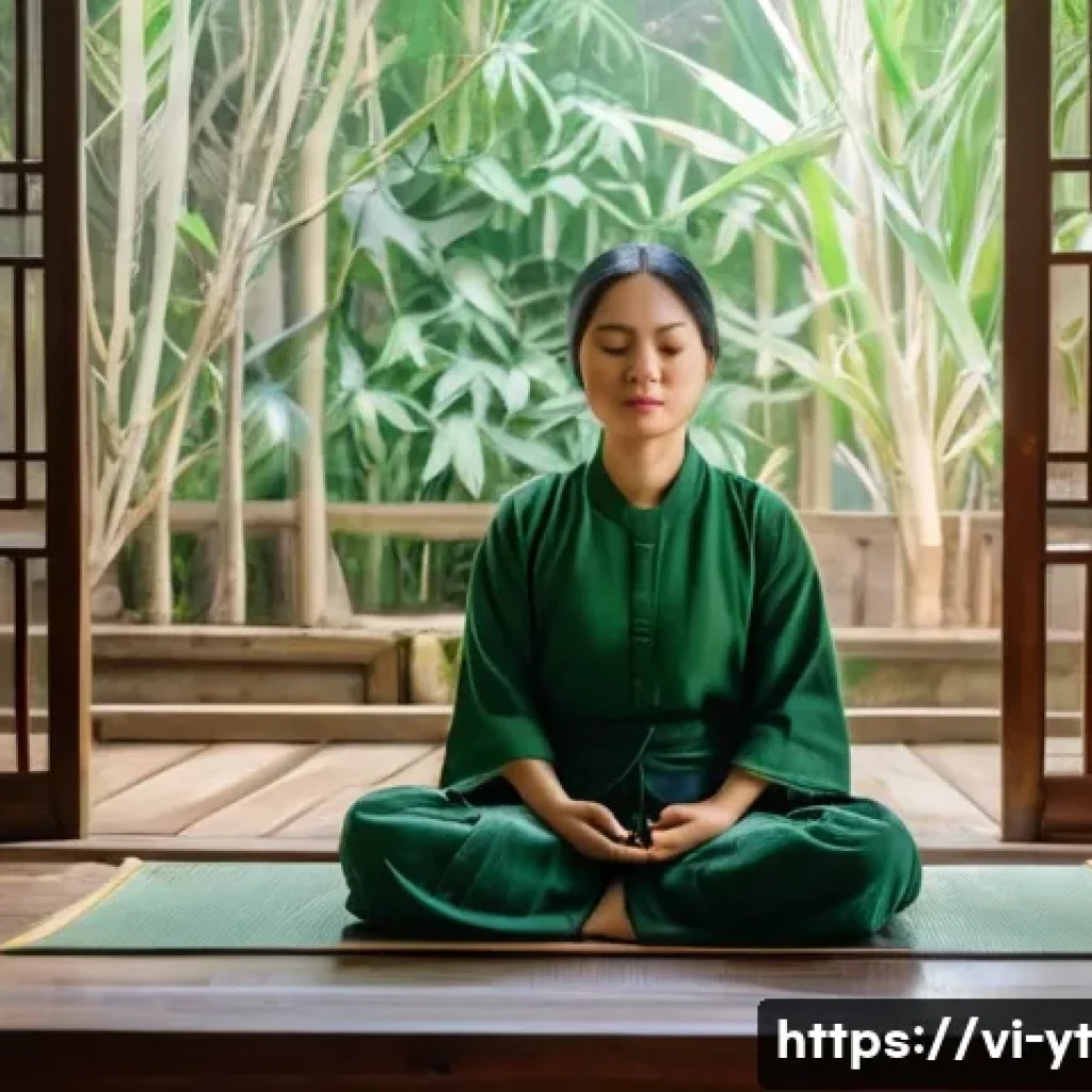 성장을 위한 긍정적 마인드셋 개발하기 - A serene Vietnamese woman in her 30s sitting cross-legged on a wooden floor in a traditional Hanoi h...