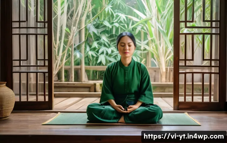성장을 위한 긍정적 마인드셋 개발하기 - A serene Vietnamese woman in her 30s sitting cross-legged on a wooden floor in a traditional Hanoi h...