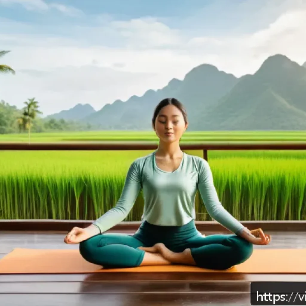 역경 극복을 위한 동기부여 연설 - A serene morning scene of a Vietnamese woman practicing gentle yoga and meditation on a wooden balco...