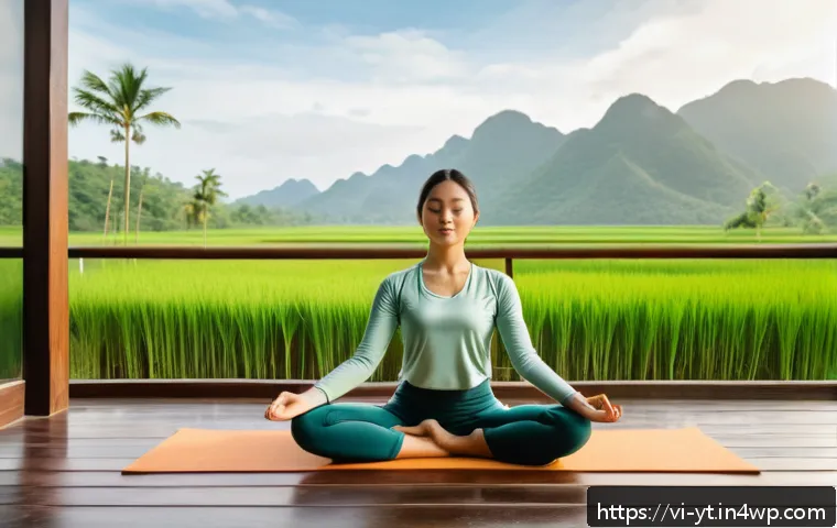 역경 극복을 위한 동기부여 연설 - A serene morning scene of a Vietnamese woman practicing gentle yoga and meditation on a wooden balco...