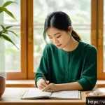 Home 15 자기 성장 촉진을 위한 실체적 노력 - A serene Vietnamese woman in her late 20s sitting at a minimalist wooden desk by a large window with...
