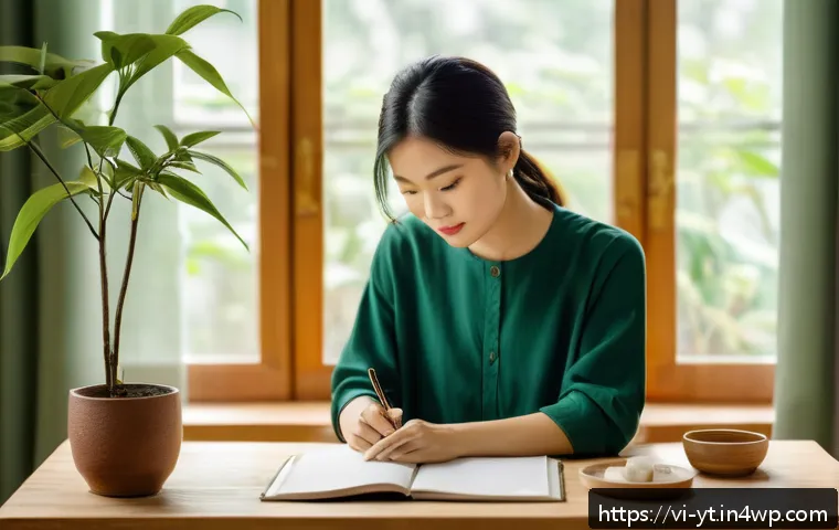 자기 성장 촉진을 위한 실체적 노력 - A serene Vietnamese woman in her late 20s sitting at a minimalist wooden desk by a large window with...