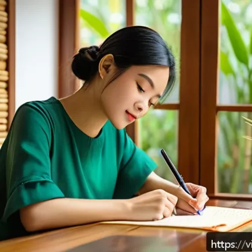 Home 24 역경 후 성장을 위한 일기 쓰기 - A cozy and serene scene of a young Vietnamese woman sitting at a wooden desk by a window, writing in...