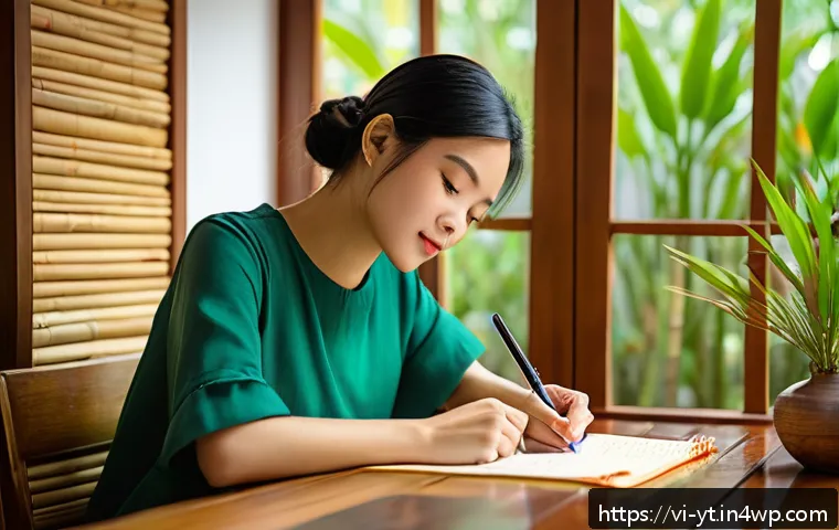 역경 후 성장을 위한 일기 쓰기 - A cozy and serene scene of a young Vietnamese woman sitting at a wooden desk by a window, writing in...