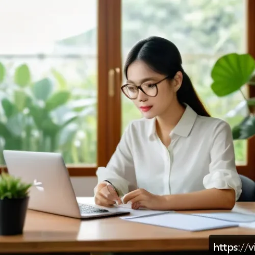 Home 23 역경을 통해 발전하기 위한 사례 연구 - A detailed scene of a Vietnamese young professional woman sitting calmly at a modern wooden desk in ...