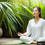 Home 11 마음챙김과 역경 극복의 관계 - A peaceful Vietnamese woman practicing mindful meditation in a serene outdoor garden during early mo...