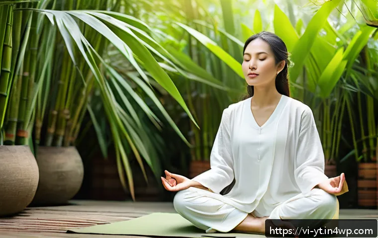 마음챙김과 역경 극복의 관계 - A peaceful Vietnamese woman practicing mindful meditation in a serene outdoor garden during early mo...